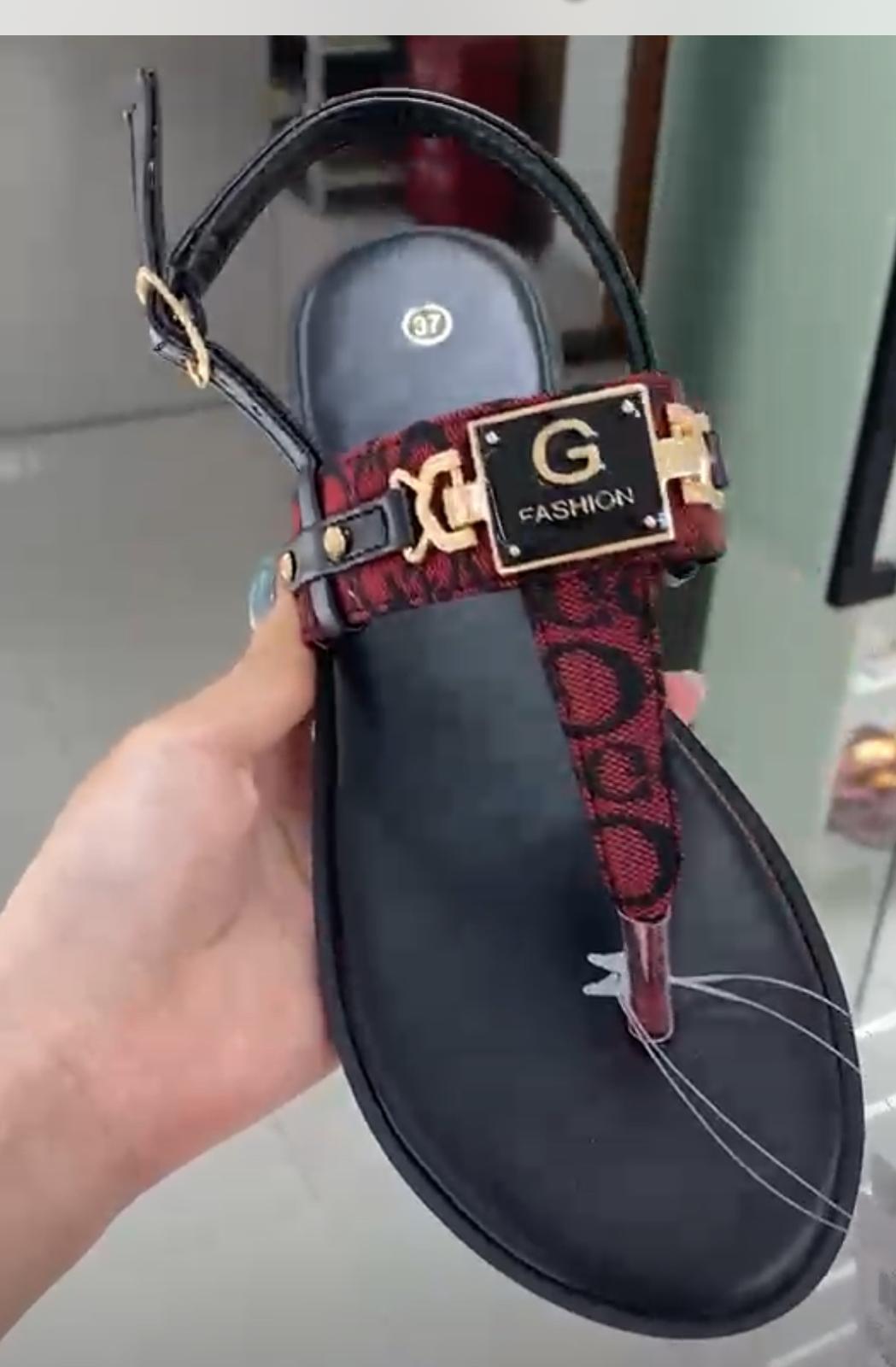 G Fashion Black Thong Sandal with Red Patterned Strap