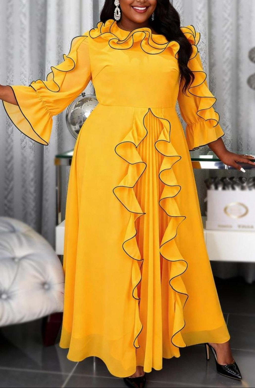 Yellow Ruffle Maxi Dress with Bell Sleeves