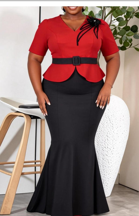 Red Peplum Top with Black Mermaid Skirt Set