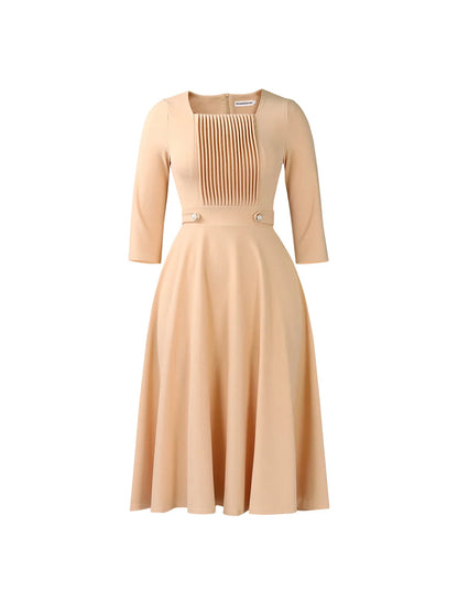 Square Neck Midi Dress with Pleated Chest Panel