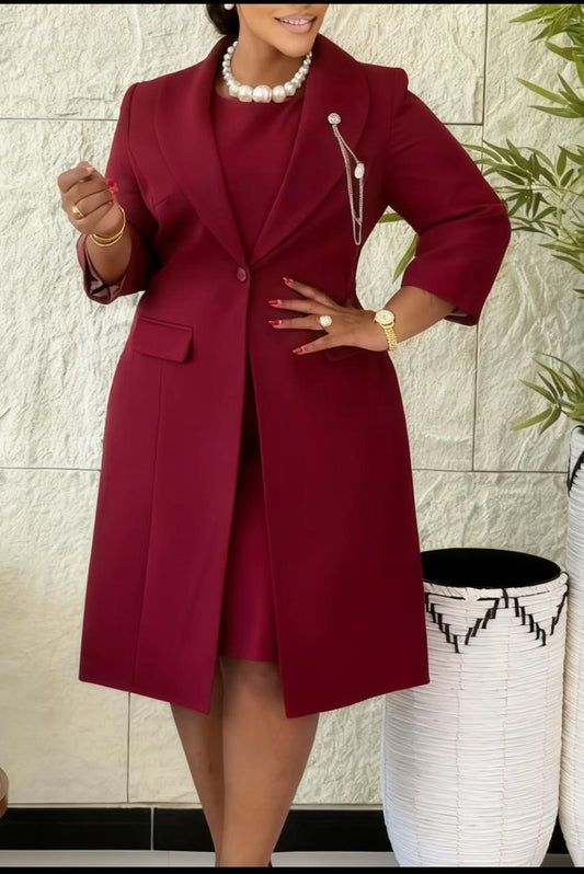 Burgundy Long-Line Blazer Dress with Three-Quarter Sleeves