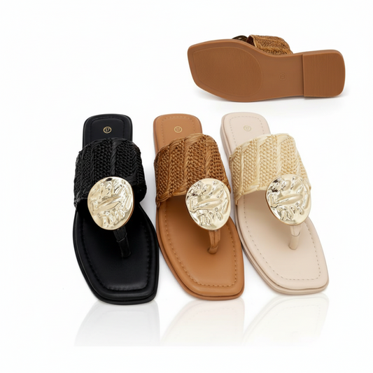 Woven Flat Slip-On Sandals with Gold Medallion