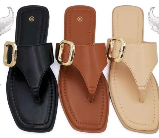 Flat Thong Sandals with Gold-Tone Buckle