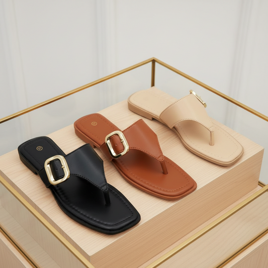 Flat Thong Sandals with Gold-Tone Buckle