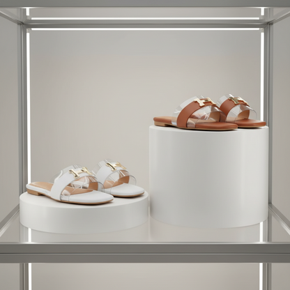 Two-Tone Slide Sandals with Gold H Logo