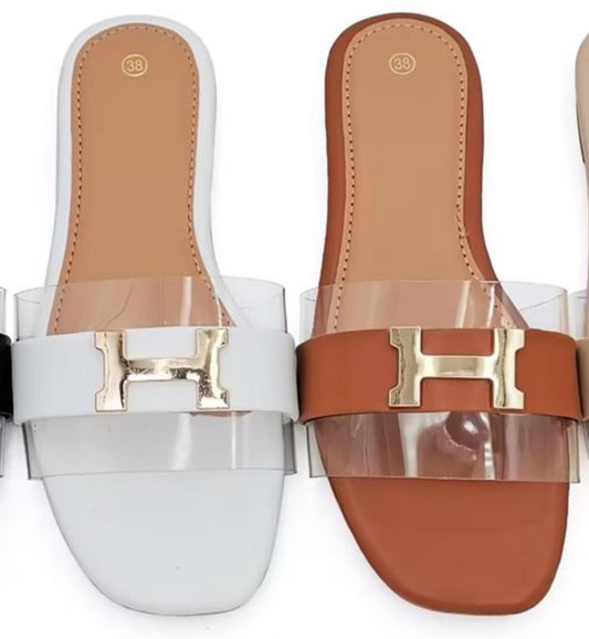 Two-Tone Slide Sandals with Gold H Logo