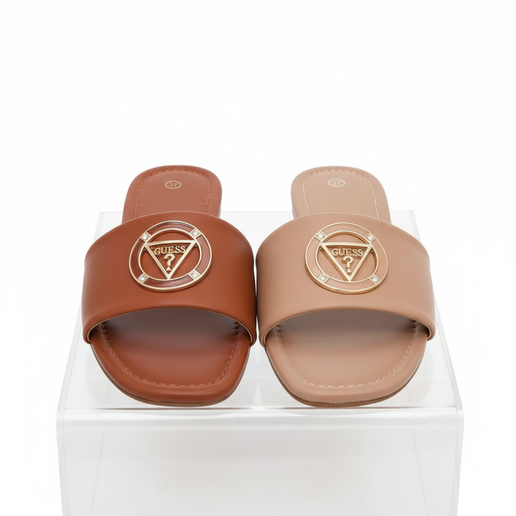 Guess Gold-Tone Logo Slide Sandals