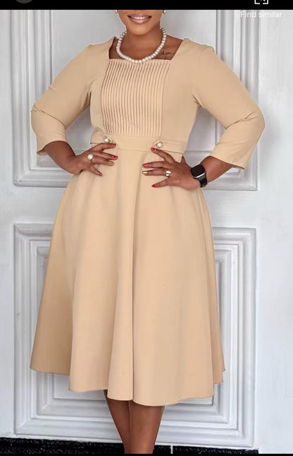 Square Neck Midi Dress with Pleated Chest Panel