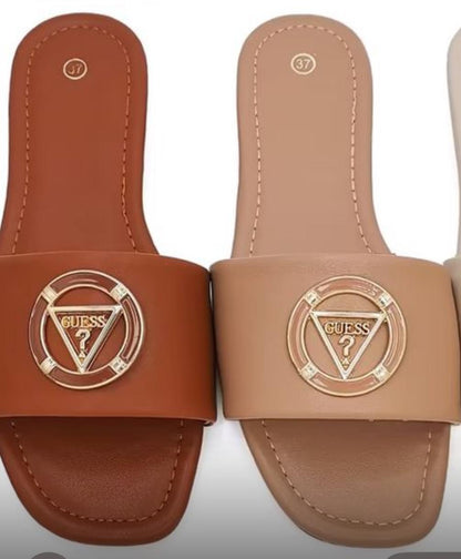 Guess Gold-Tone Logo Slide Sandals
