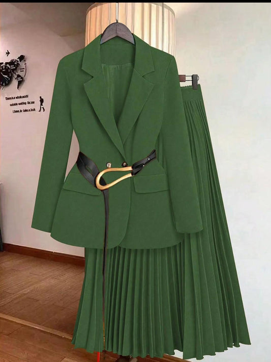 Classic Tailored Blazer and Pleated Skirt Set with Gold Buckle Belt