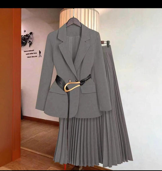 Classic Tailored Blazer and Pleated Skirt Set with Gold Buckle Belt