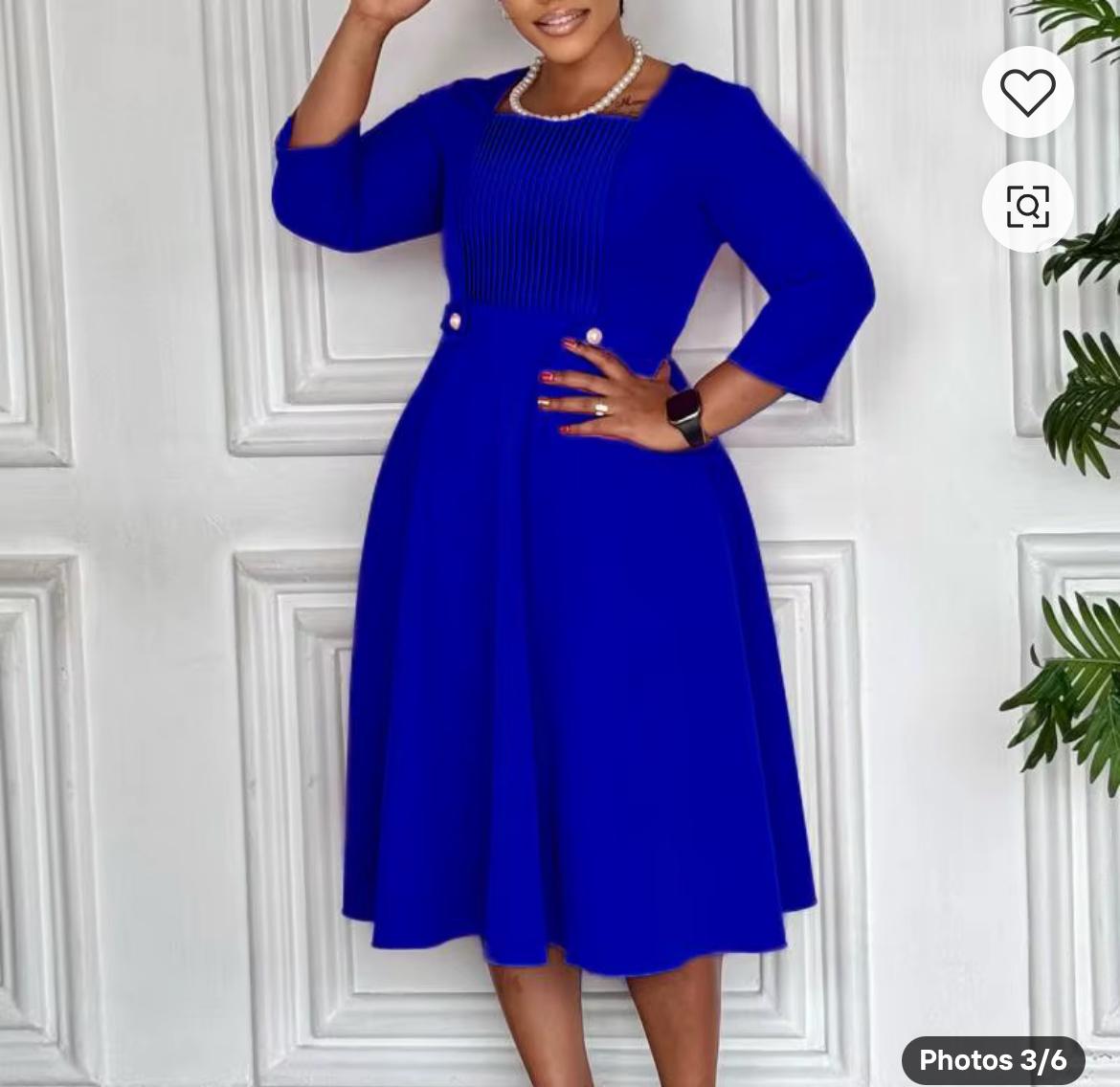 Royal Blue Fit-and-Flare Dress with Three-Quarter Sleeves