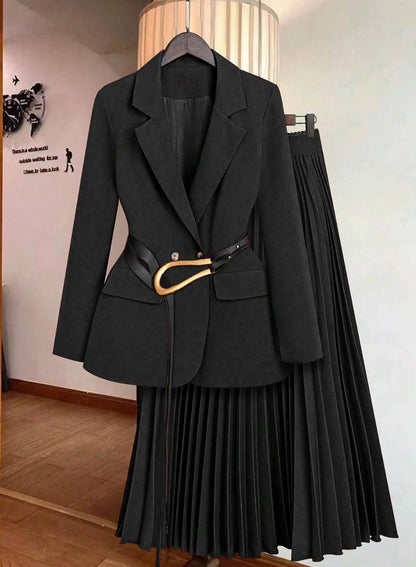 Classic Tailored Blazer and Pleated Skirt Set with Gold Buckle Belt