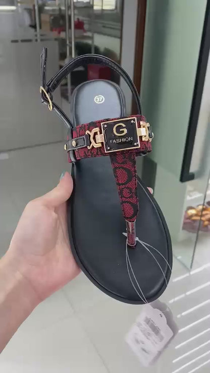 G Fashion Black Thong Sandal with Red Patterned Strap